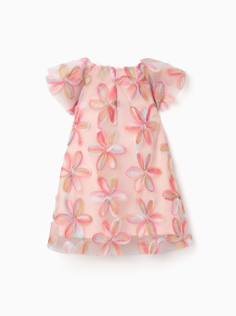 Robe à manches courtes en tulle avec fleurs 3D Rose clair - Kiabi