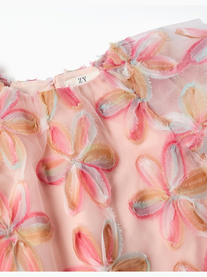 Robe à manches courtes en tulle avec fleurs 3D Rose clair - Kiabi