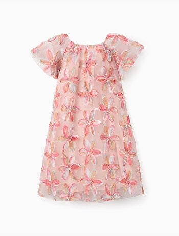 Robe à manches courtes en tulle avec fleurs 3D