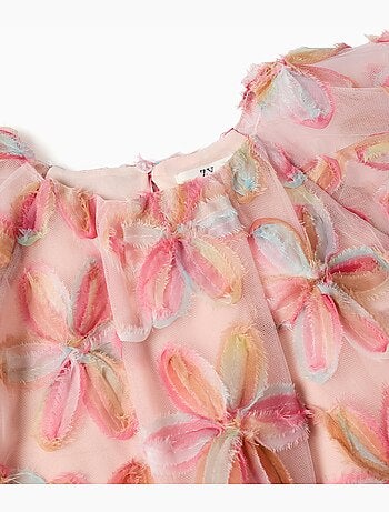 Robe à manches courtes en tulle avec fleurs 3D
