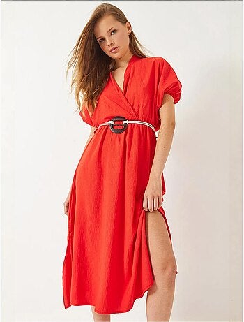 Robe à manches courtes et col cache-cœur avec ceinture et fentes bianco lucci
