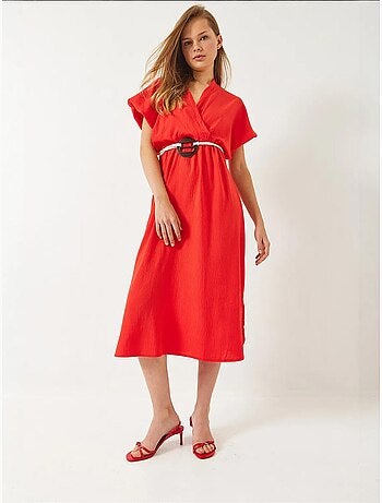 Robe à manches courtes et col cache-cœur avec ceinture et fentes bianco lucci