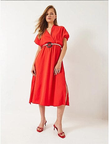 Robe à manches courtes et col cache-cœur avec ceinture et fentes bianco lucci