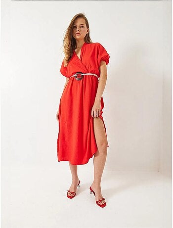 Robe à manches courtes et col cache-cœur avec ceinture et fentes bianco lucci