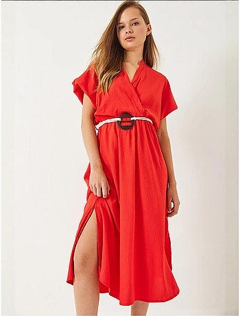 Robe à manches courtes et col cache-cœur avec ceinture et fentes bianco lucci