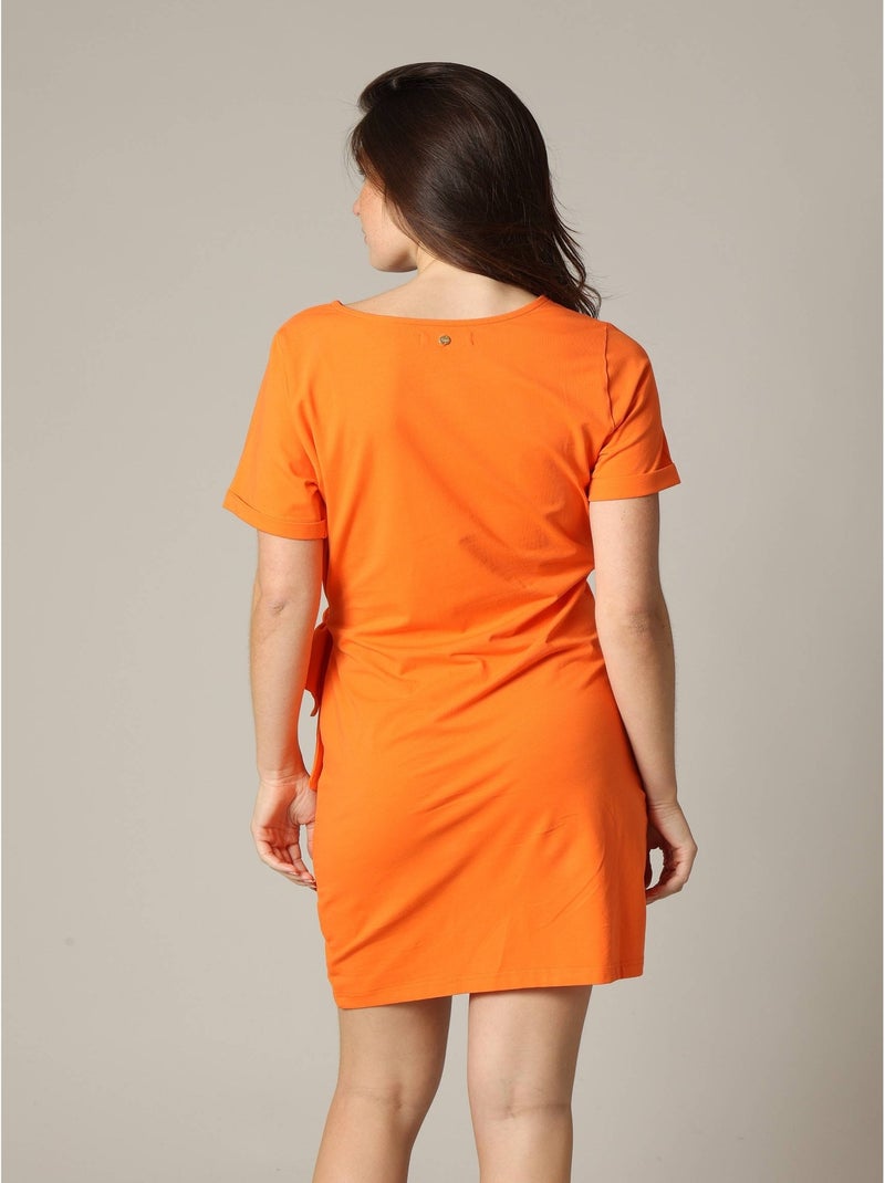 Robe à manches courtes et col rond avec nœud noué sur le côté 'Deeluxe' Orange - Kiabi
