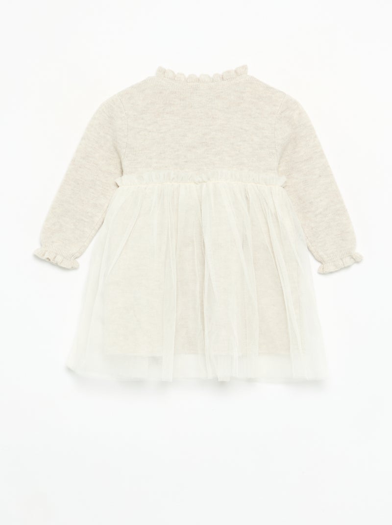 Robe à manches longues en tricot et tulle Beige - Kiabi