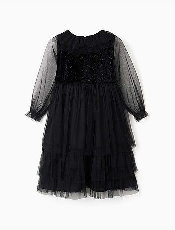 Robe à manches longues en velours et tulle avec volants