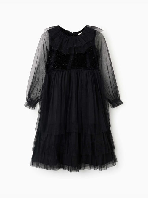 Robe à manches longues en velours et tulle avec volants - Kiabi Robe à manches longues en velours et tulle avec volants - Kiabi