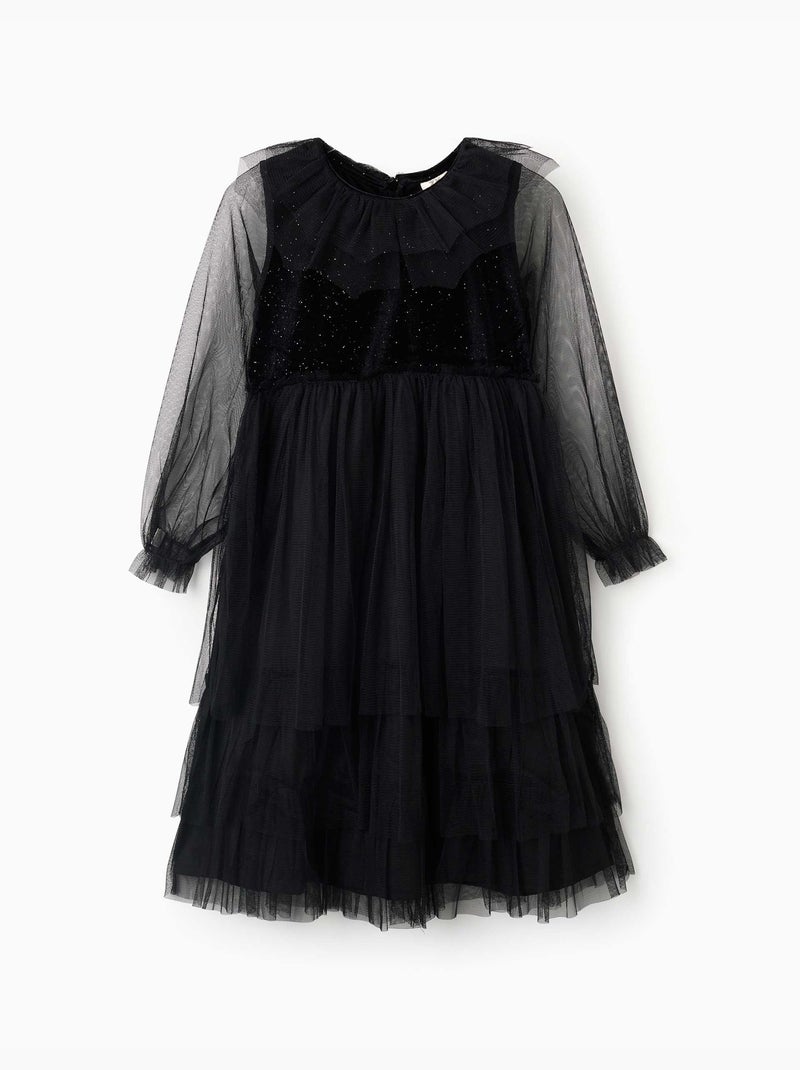 Robe à manches longues en velours et tulle avec volants Noir Noir - Kiabi