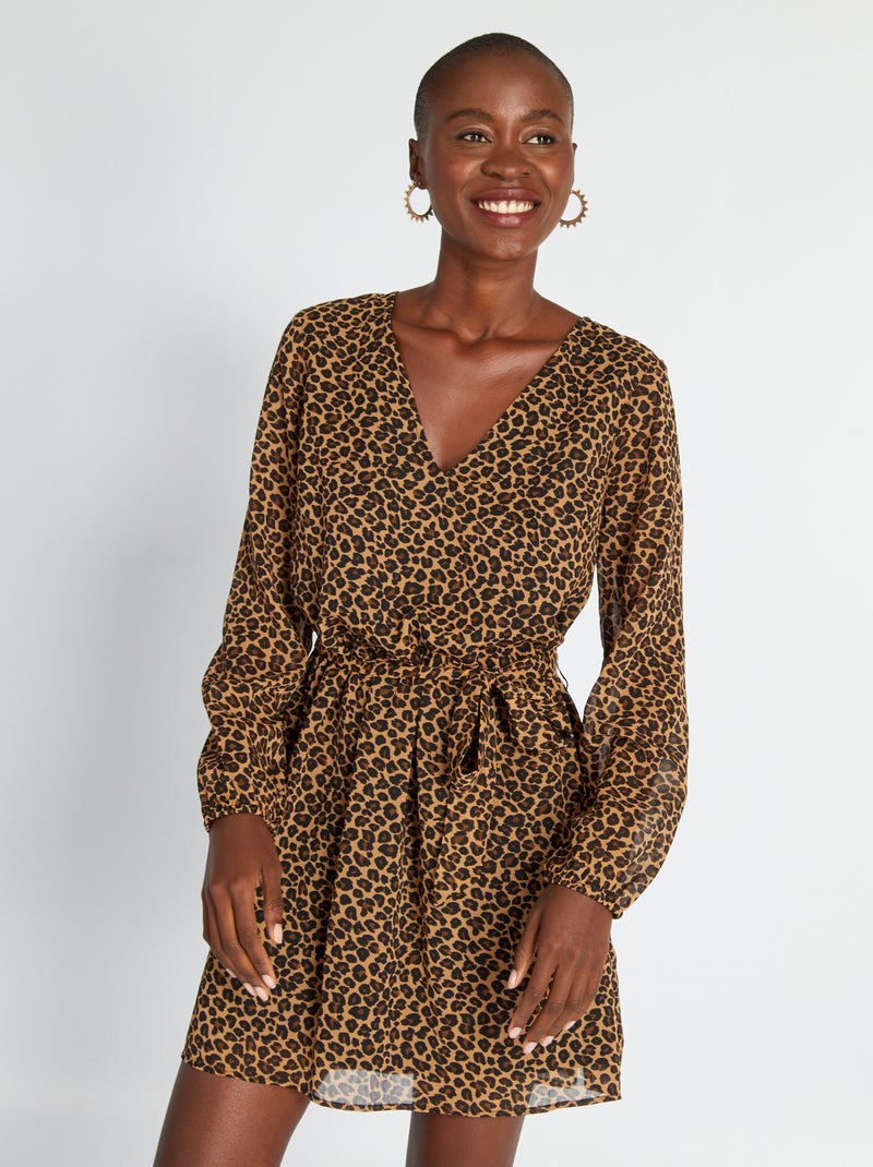 Robe à motif avec ceinture à nouer Beige - Kiabi