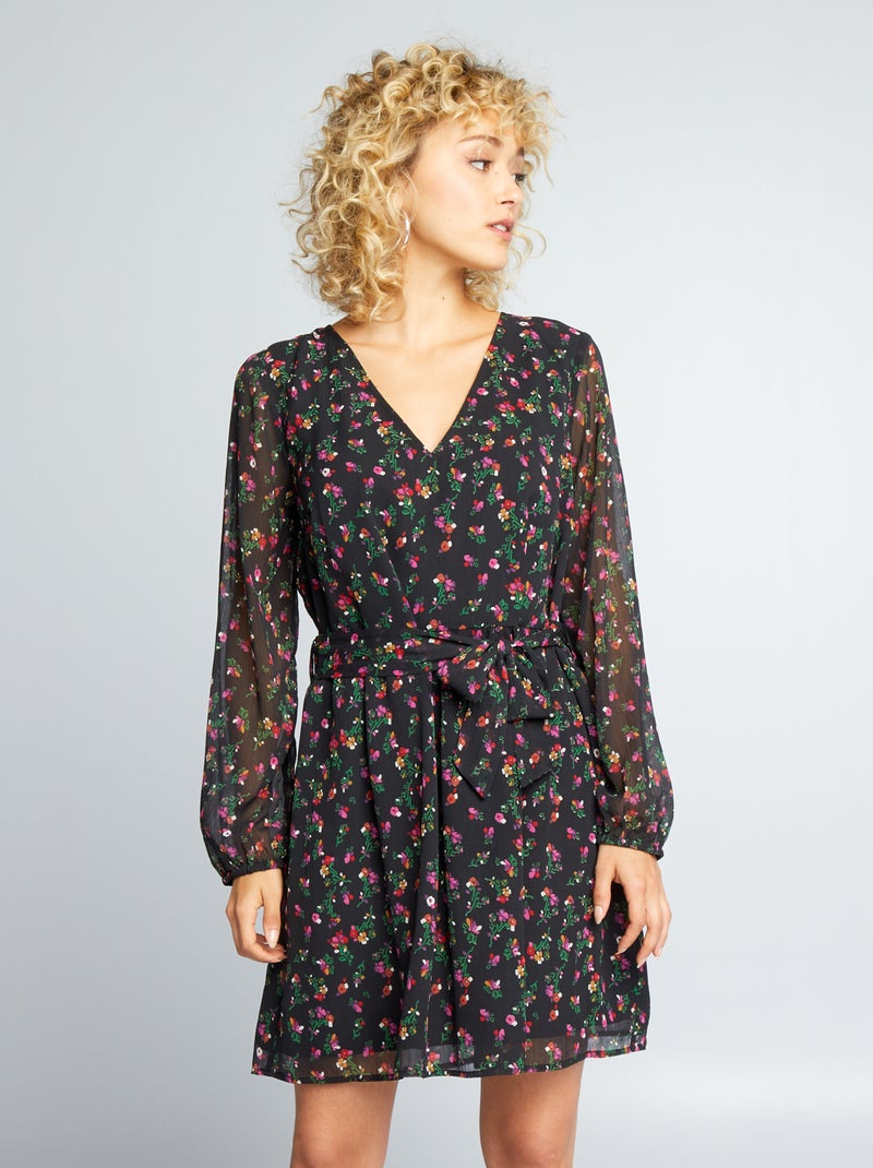 Robe à motif avec ceinture à nouer Noir fleuri - Kiabi