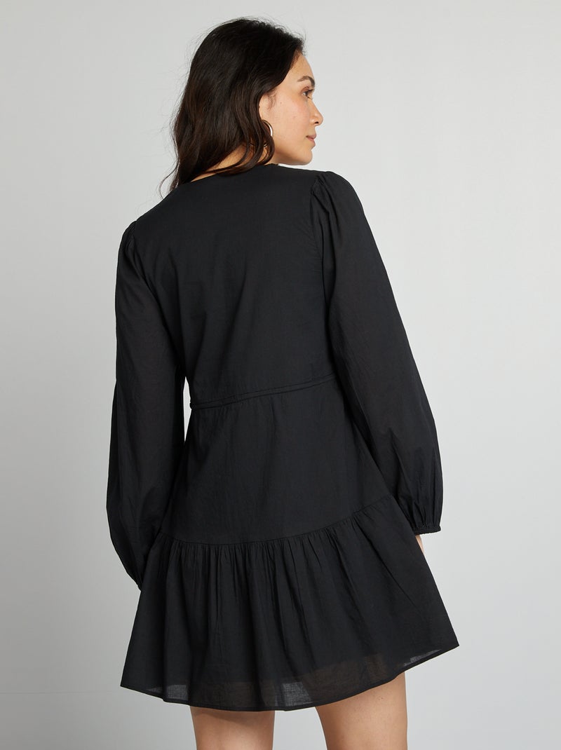 Robe à nouettes en popeline avec col en V noir - Kiabi