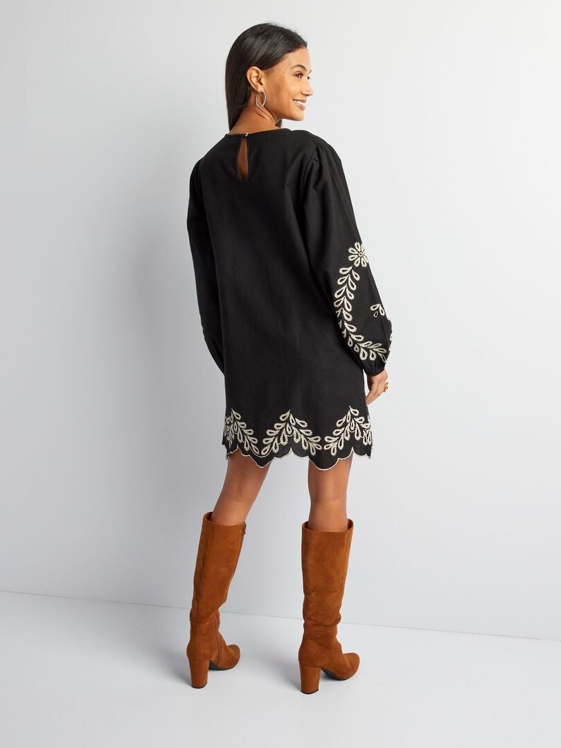Robe Noire Brodée Style Chinois - Taille S - Coton - Manches 3/4 - Occasion Très Bon état