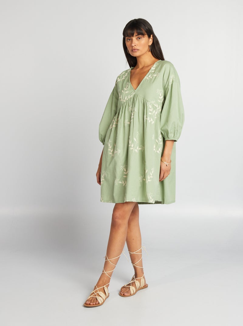 Robe avec motifs brodés lin mélangé Vert - Kiabi