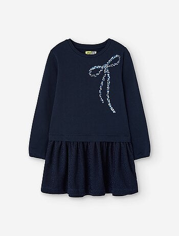 Robe bi-matière à manches longues avec nœud à paillettes