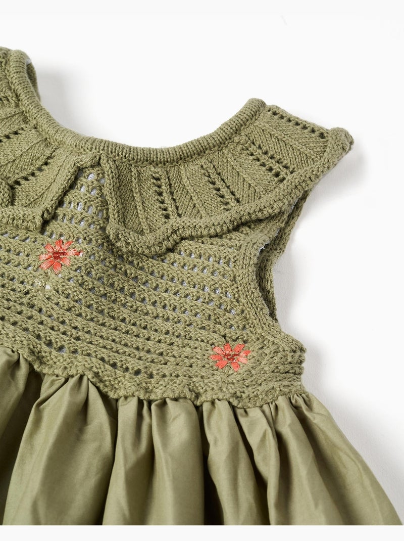 Robe bi-matière avec fleurs brodées Vert foncé - Kiabi