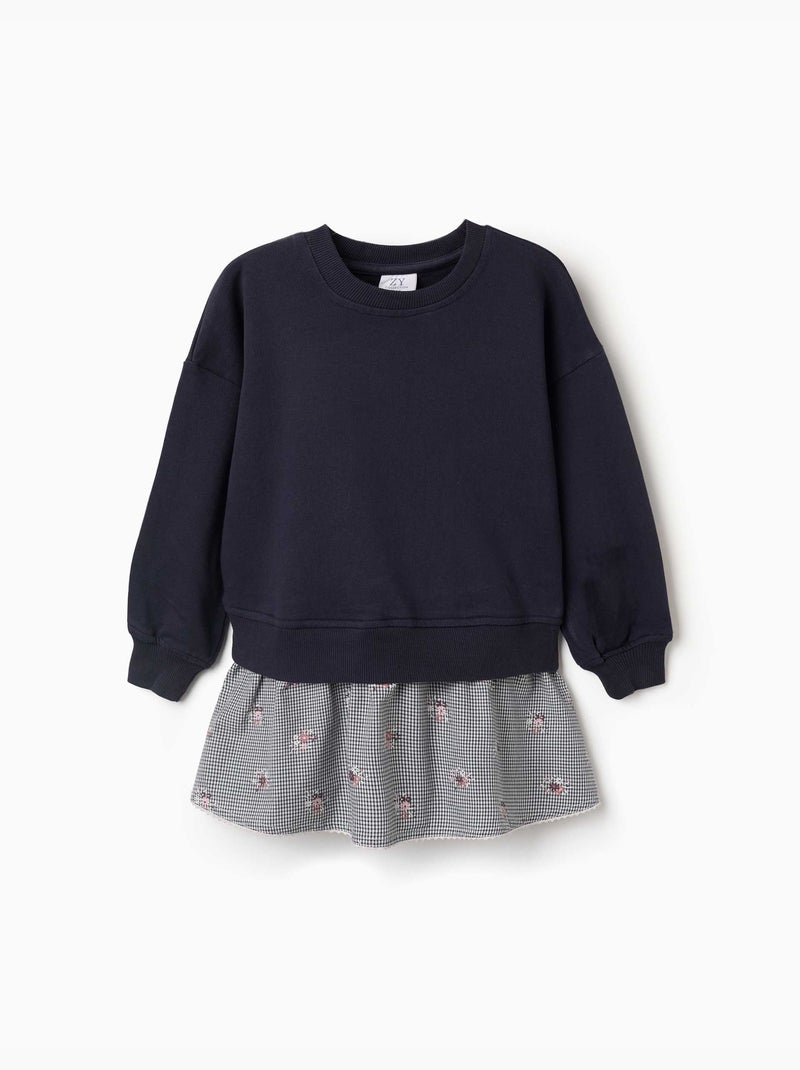 Robe bi-matière en coton avec motif vichy Bleu foncé - Kiabi