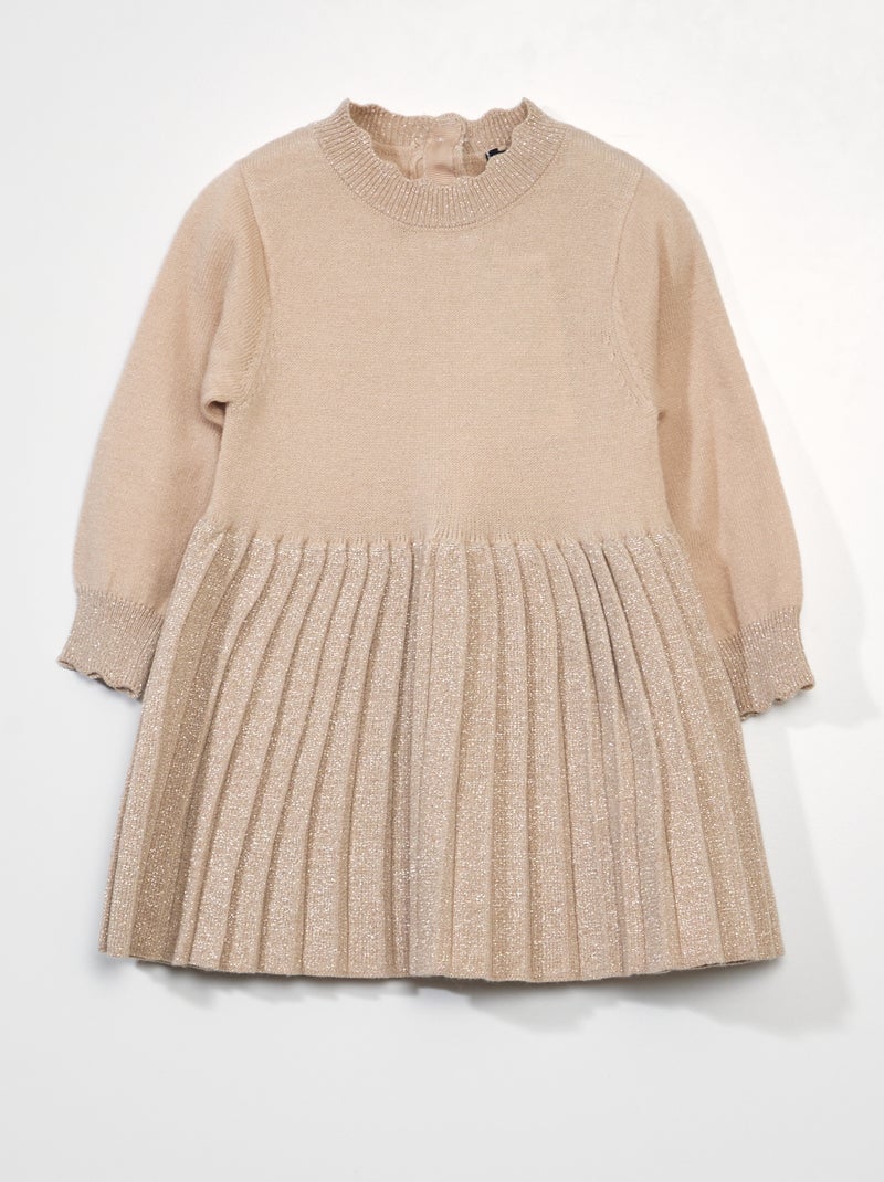 Robe bi-matière maille tricot et jupe plissée Beige - Kiabi