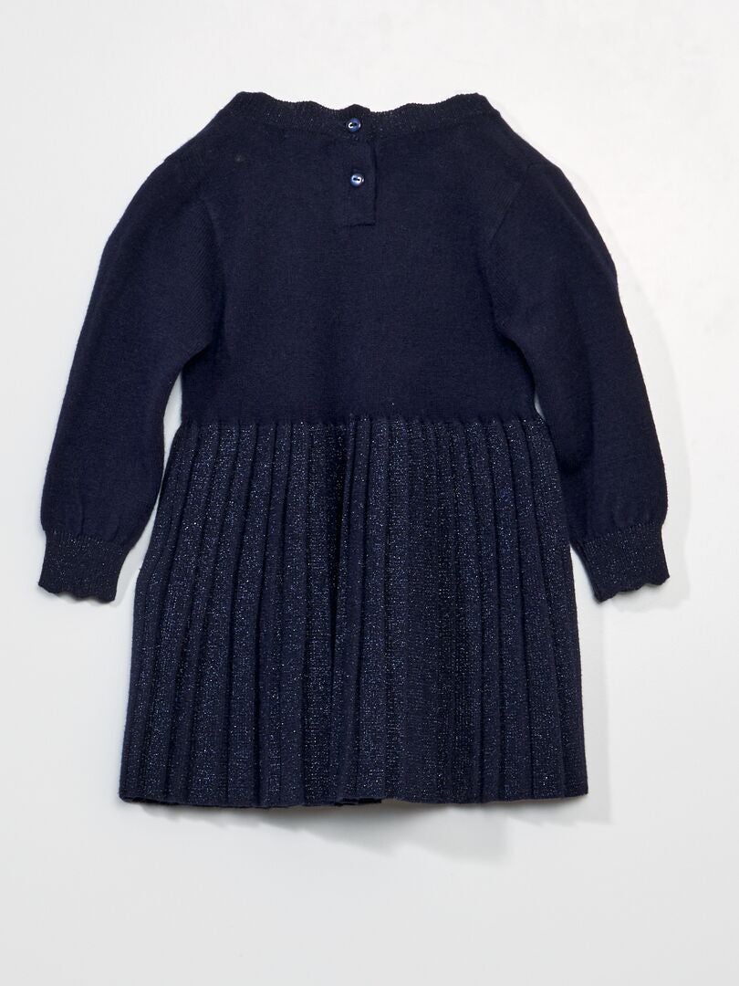 Robe bi-matière maille tricot et jupe plissée bleu marine - Kiabi