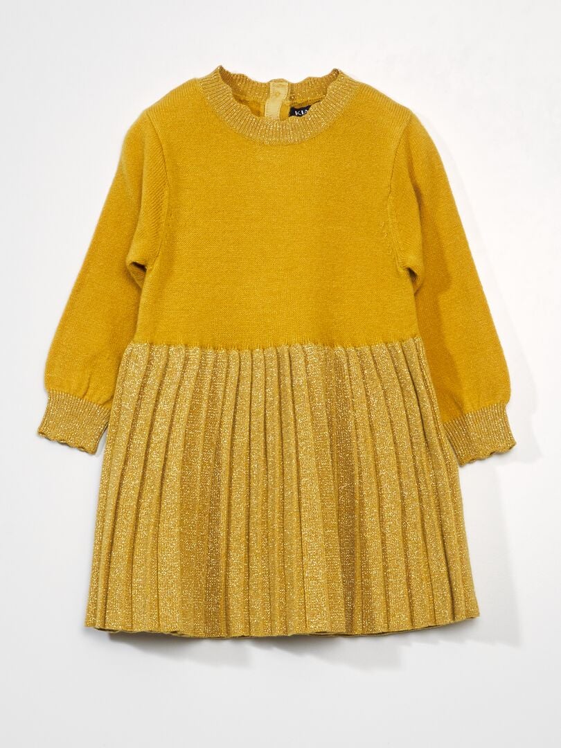 Robe bi-matière maille tricot et jupe plissée Jaune - Kiabi
