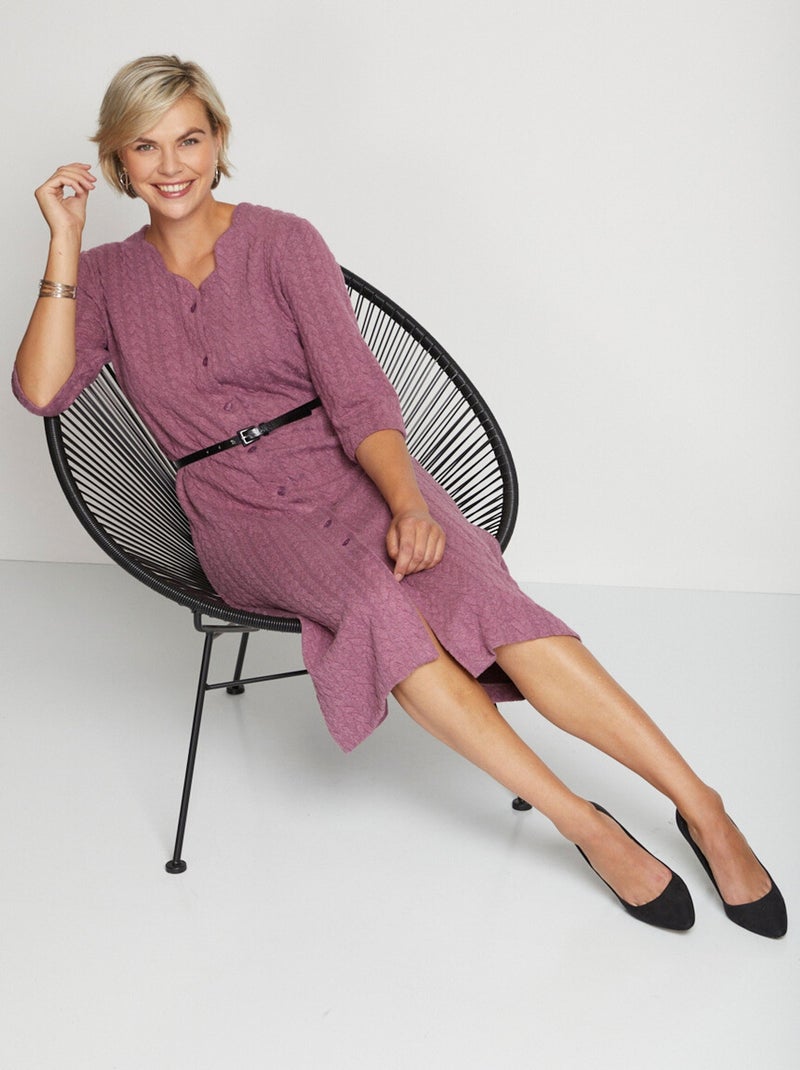 Robe boutonnée mi-longue maille reliefée Rose - Kiabi