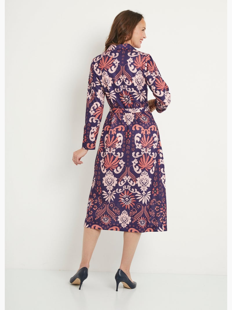 Robe boutonnée mi longue satinée col tailleur - Afibel Bleu Rose - Kiabi