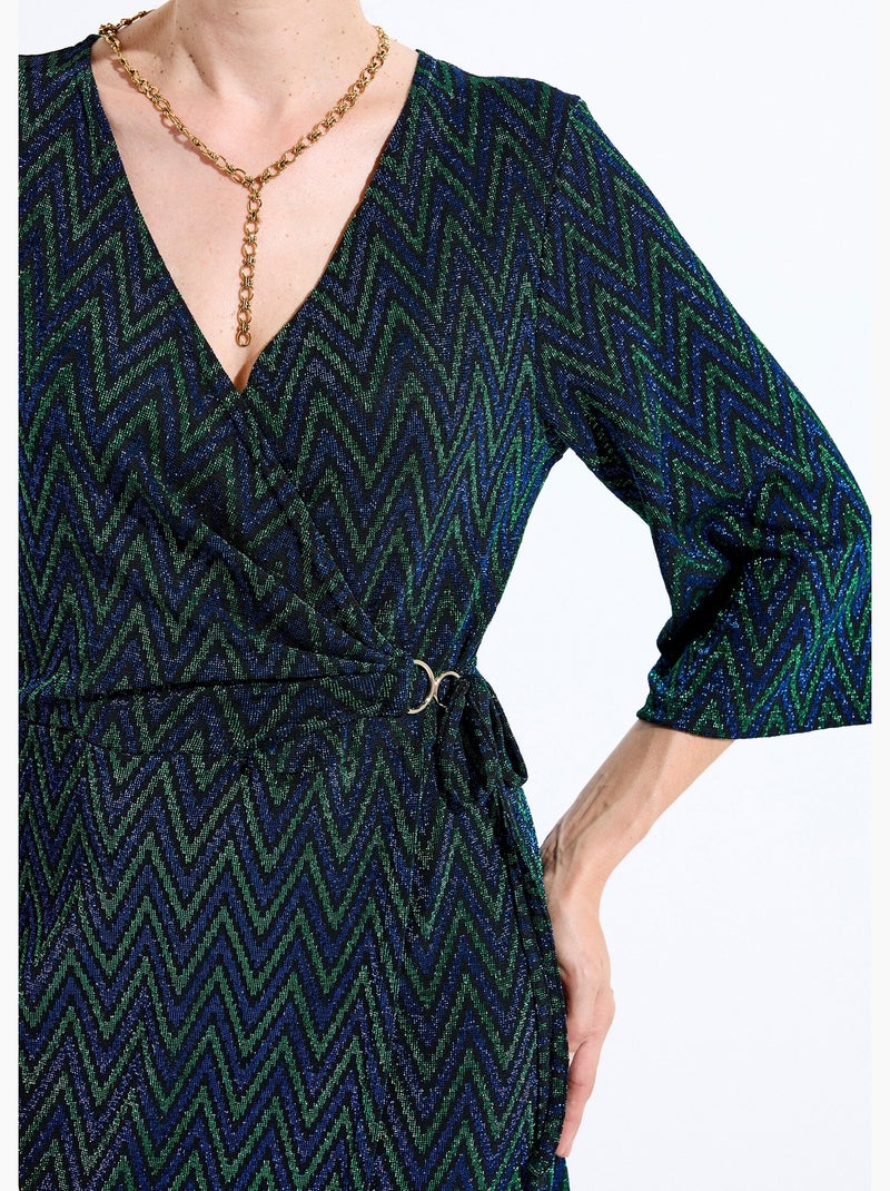 Robe cache-coeur court maille brillante imprimée - Afibel Bleu Vert - Kiabi