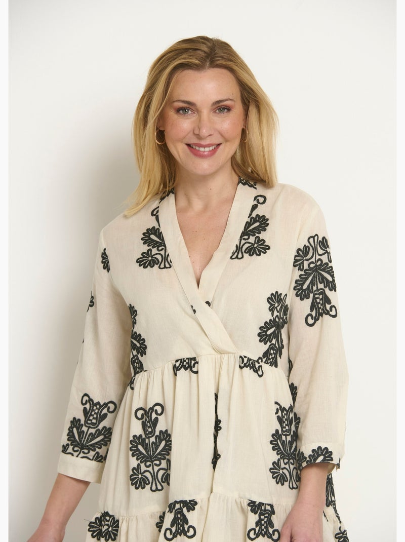 Robe cache-coeur courte brodée à volants - Afibel Ecru - Kiabi