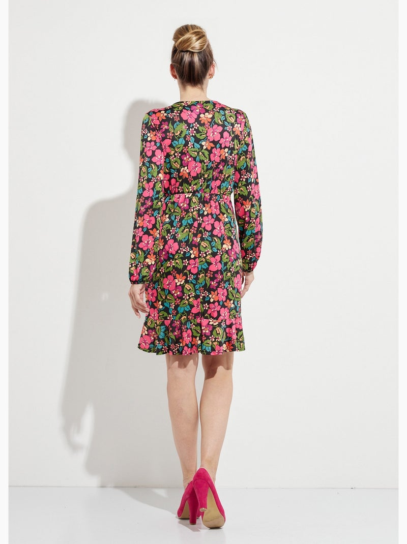Robe cache-coeur courte évasée fleurie - Afibel Noir Rose foncé - Kiabi