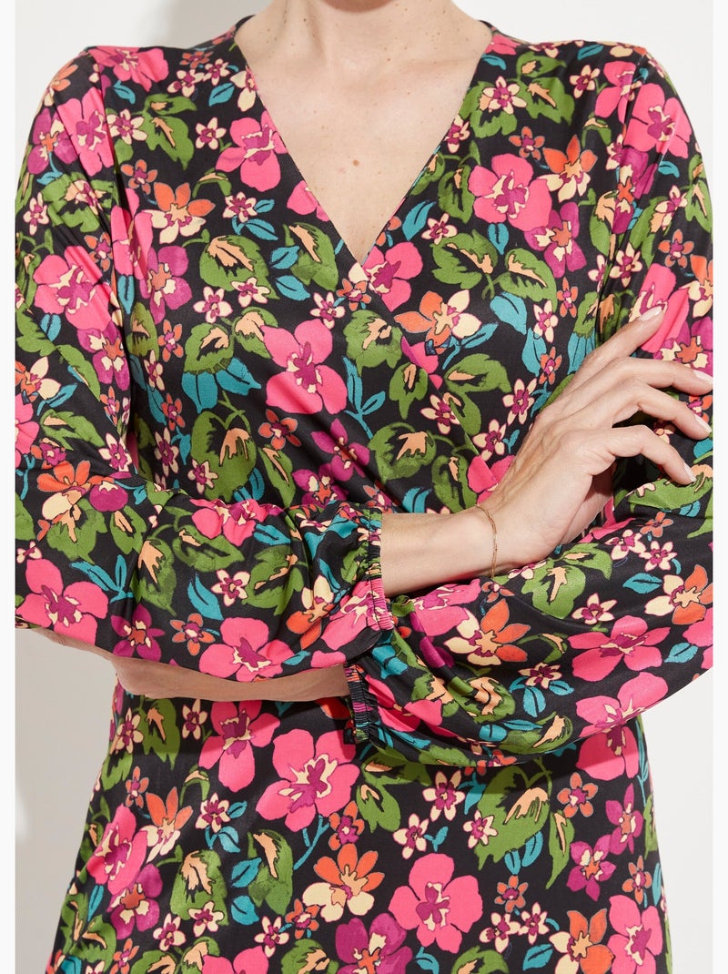 Robe cache-coeur courte évasée fleurie - Afibel Noir Rose foncé - Kiabi