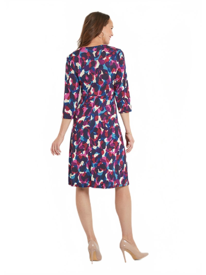 Robe cache-coeur courte évasée maille imprimée - Afibel Bleu Rose - Kiabi