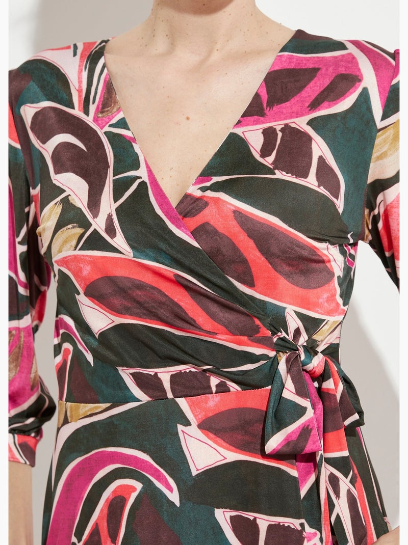 Robe cache-coeur courte évasée manches 3/4 Multicolore - Kiabi