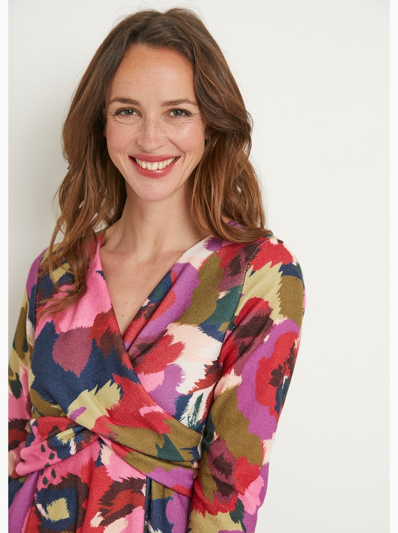 Robe cache-coeur courte imprimée manches 3/4 - Afibel Bleu Rose - Kiabi