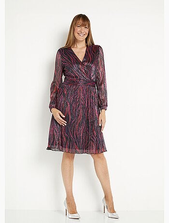 Robe cache-coeur courte maille résille plissée imprimée - Afibel