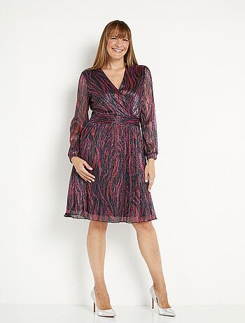 Robe cache-coeur courte maille résille plissée imprimée