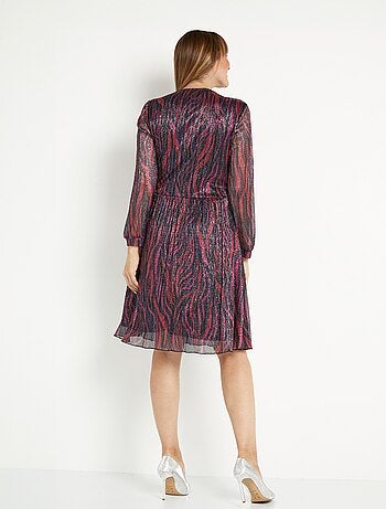 Robe cache-coeur courte maille résille plissée imprimée