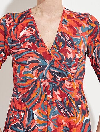 Robe cache-coeur courte manches 3/4 motif floral - Afibel