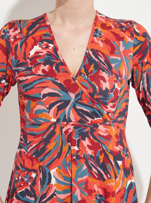 Robe cache-coeur courte manches 3/4 motif floral - Afibel - Kiabi