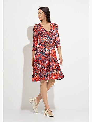 Robe cache-coeur courte manches 3/4 motif floral