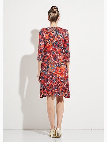 Robe cache-coeur courte manches 3/4 motif floral