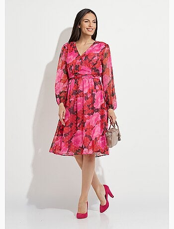 Robe cache-coeur courte voile imprimé motifs dorés