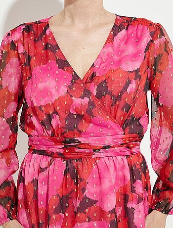 Robe cache-coeur courte voile imprimé motifs dorés