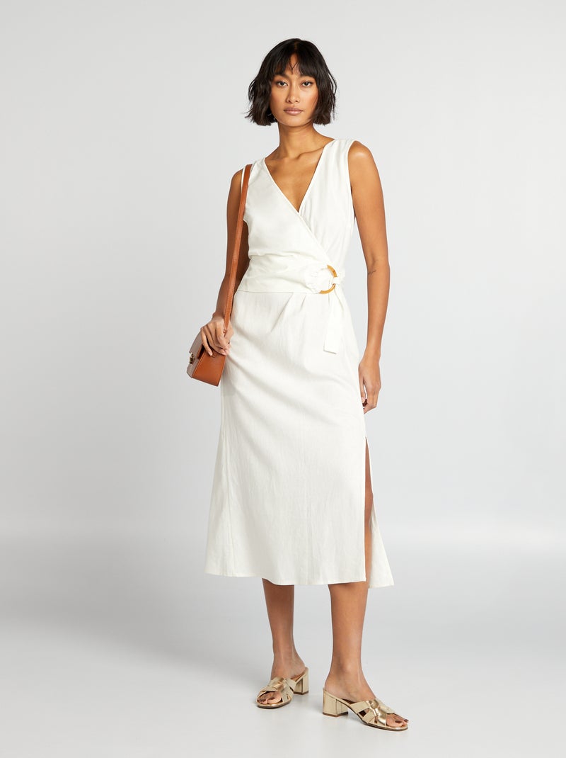 Robe cache-cœur en lin mélangé avec ceinture Blanc - Kiabi