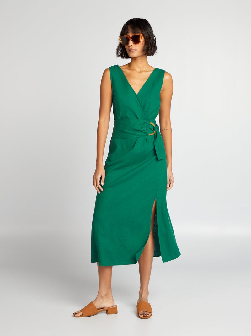 Robe cache-cœur en lin mélangé avec ceinture Vert - Kiabi