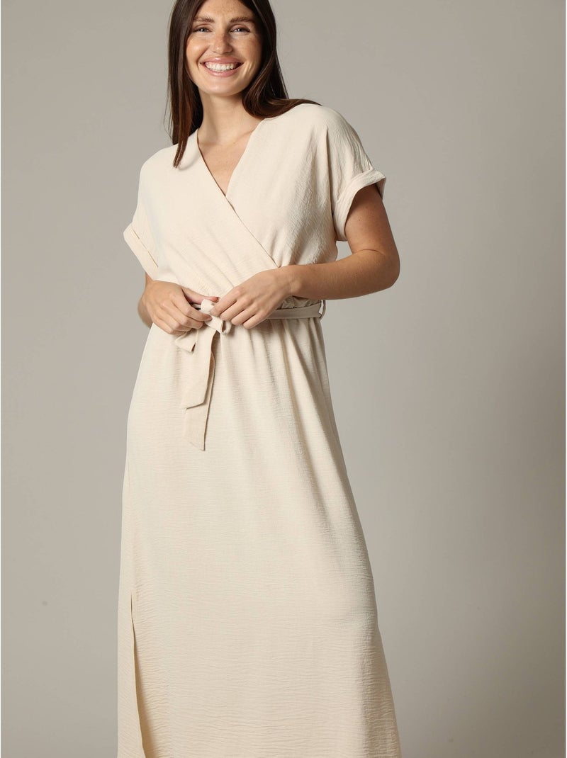 Robe casual unie à manches courtes et au col cache-cœur 'Deeluxe' Beige - Kiabi