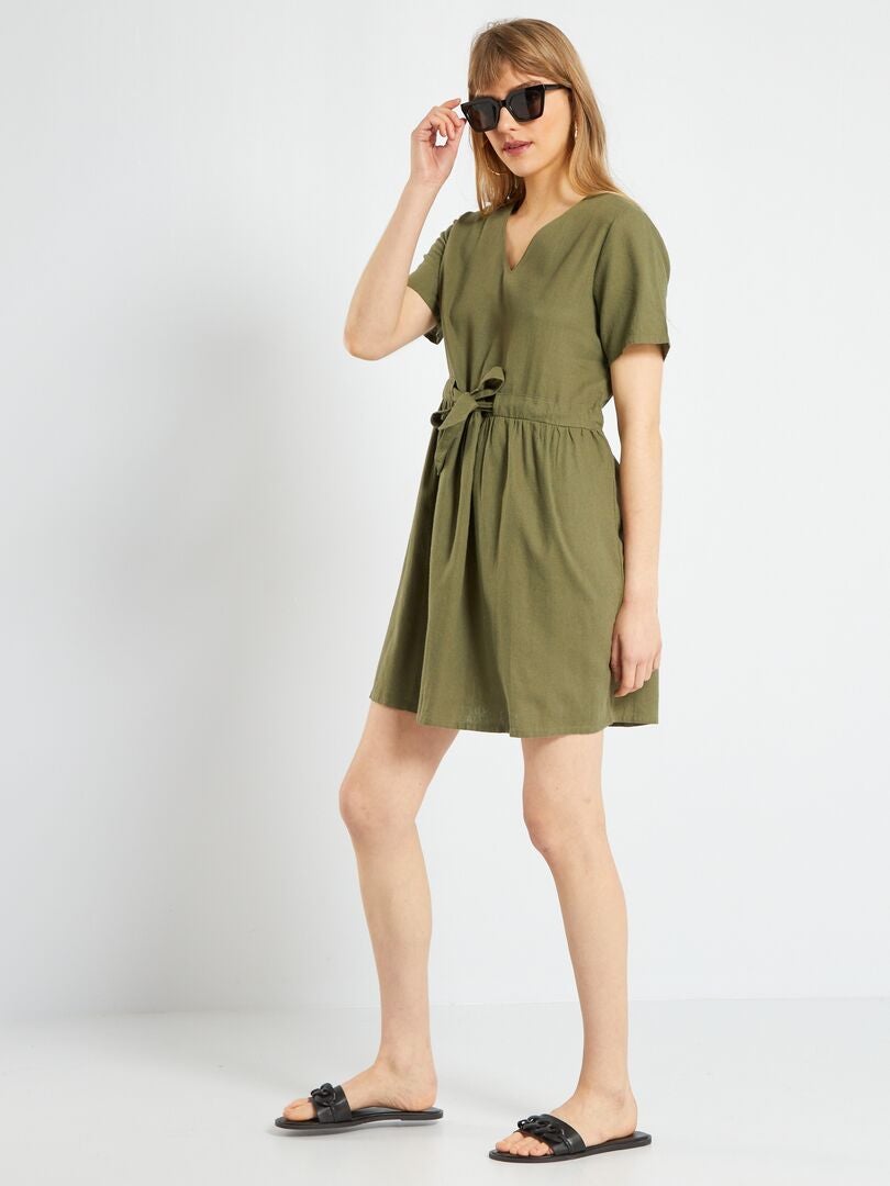 Robe ceinturé en lin 'JDY' Kaki - Kiabi