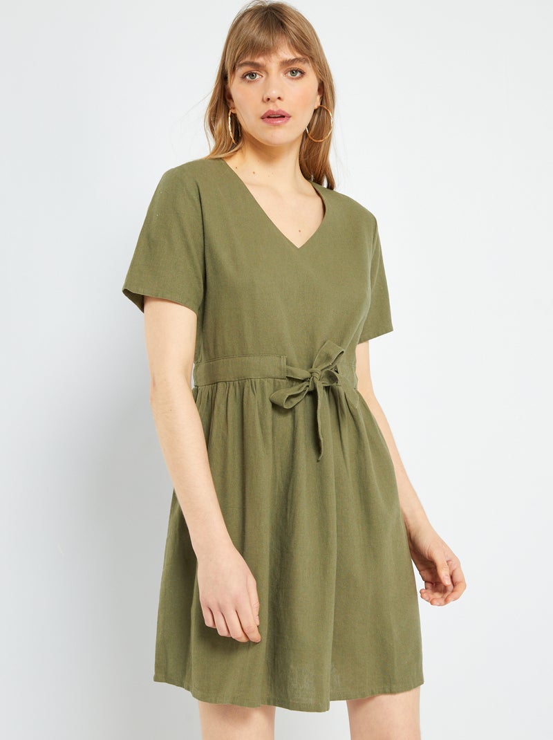 Robe ceinturé en lin 'JDY' Kaki - Kiabi