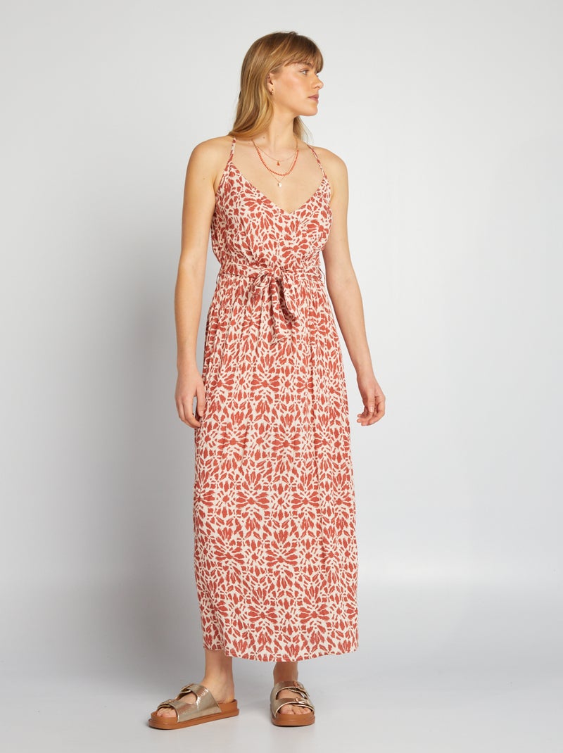 Robe ceinturée à bretelles fines Brique/blanc - Kiabi