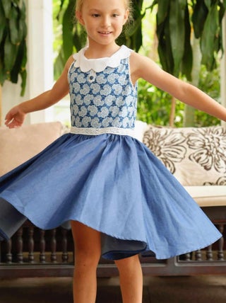 Robe Cérémonie Fille  Fleurie Bleu Roi Dentelle Blanche  HEPBURN - La Faute à Voltaire